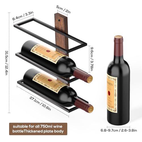 Wall Mounted Wine Rack - 3 Bottle Wood and Metal Display Shelf for Small Spaces