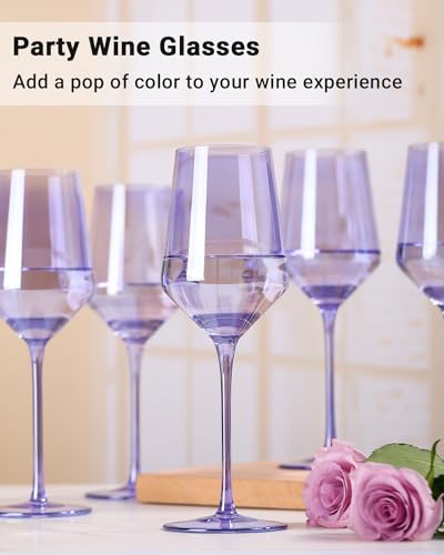 Physkoa Purple 15oz Hand-Blown Crystal Wine Glasses, Set of 6 Stemware