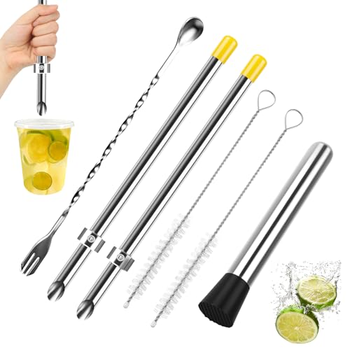 6-Piece Lemonade Stand Kit with Stainless Steel Straws, Muddler & Brushes - Professional Beverage Tools