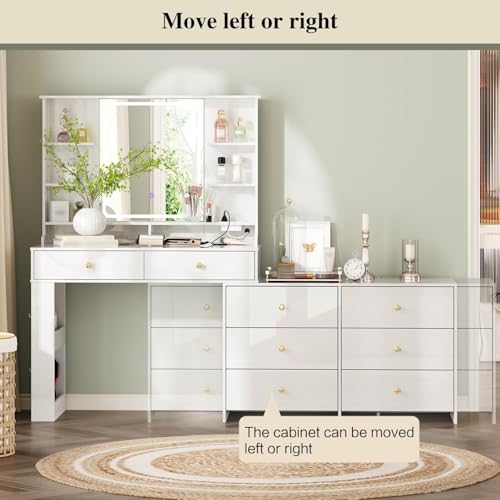 Makeup Vanity Desk with Lighted Mirror, 8 Drawers and Power Outlet, White