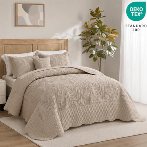 DaisyHuang Oversized King Quilt Bedspread Set - Taupe Leaf Stitching