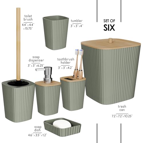 6-Piece Sage Green Bathroom Accessory Set with Bamboo Accents
