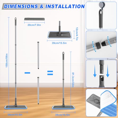 Microfiber Flat Mop for Hardwood & Tile Floors - 59" Handle & 4 Washable Pads