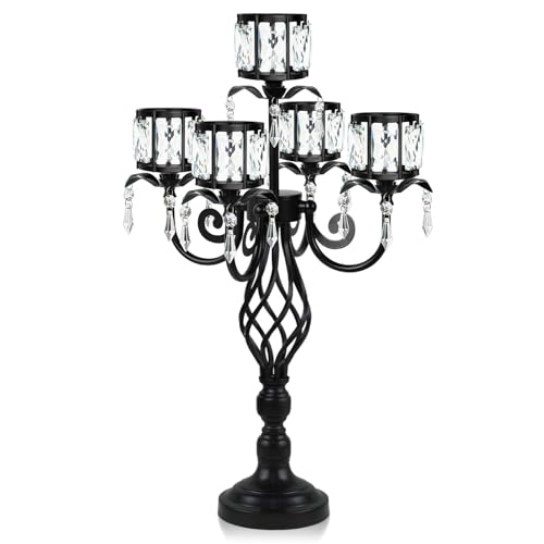 Black 23.2 Inch Tall Elegant 5-Arm Crystal Candle Candelabra Wedding Table Centerpiece