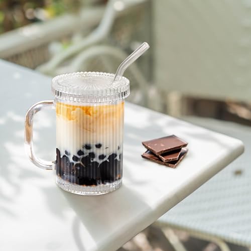 Joeyan Clear Ribbed 13oz Glass Tumbler with Lid, Straw & Handle – 2-Pack, Dishwasher Safe (Variation: Clear Ribbed Glass Tumbler)