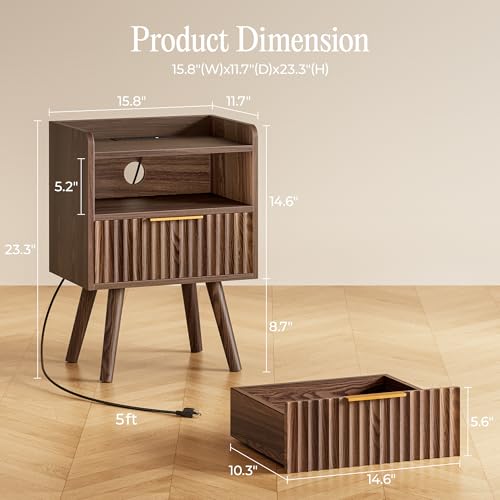 Set of 2 Nightstands with Charging Station, Fluted Drawer & USB-C Port