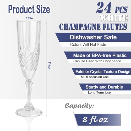 CHICERA 24 Pack White Plastic Champagne Flutes - Elegant Party Glasses