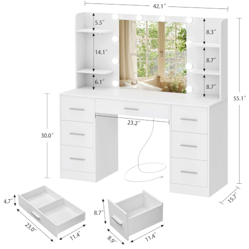 Large Makeup Vanity Desk with LED Lighted Mirror, Charging Station & 7 Drawers