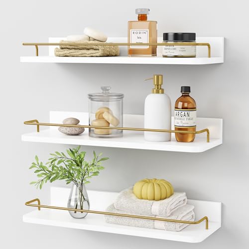 Floating Wall Shelves Set of 3 White and Gold with Guard Rail