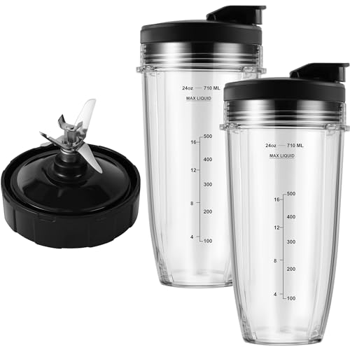 7-Fin Blender Blade Assembly with 24oz Cups and Lids - 5-Piece Set