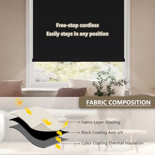 Cordless Blackout Roller Shades, 34"W x 72"H, UV Protection & Thermal Insulation