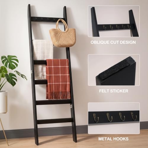 6-Tier Solid Wood Blanket Ladder with Hooks, 5.4ft Farmhouse Quilt Rack