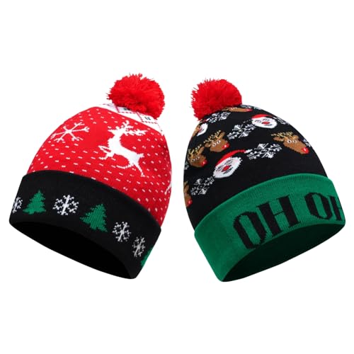 2Pack LED Light Up Christmas Beanie Hats Knitted Holiday Caps - Green & Red