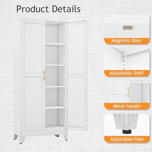 71" Tall White Metal Pantry Cabinet with Doors & 4 Adjustable Shelves