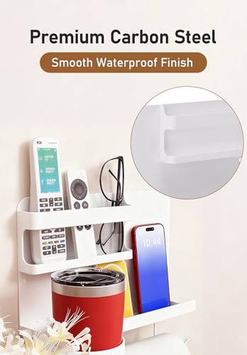 Wall-Mounted Bedside Organizer with Cup and Tissue Holder - White Metal