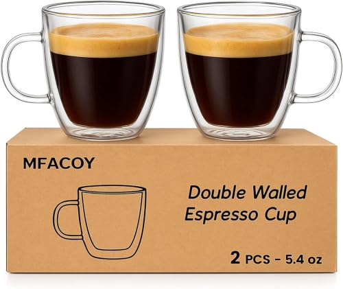 Mfacoy Double Wall Glass Espresso Cups Set of 2 - 5.4 oz Coffee Shots with Handle