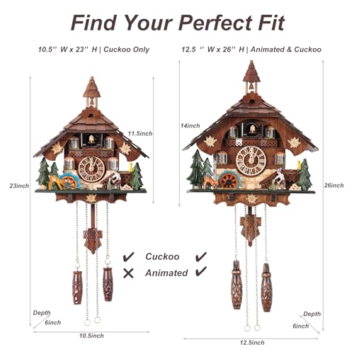 Animated Black Forest Cuckoo Clock, Wooden Wall Clock with 12 Melodies