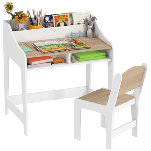 Kids Desk and Chair Set with Storage - Natural Wood Study Table for Children