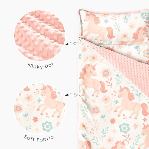Toddler Nap Mat with Minky Fleece Blanket and Pillow - Unicorn Floral