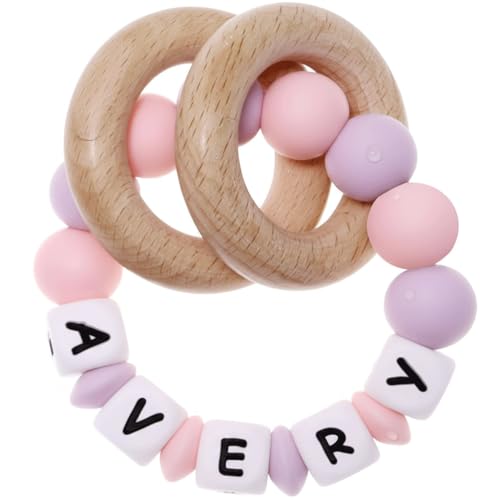 Personalized Baby Teether Rattle with Custom Name & Beech Wood Rings