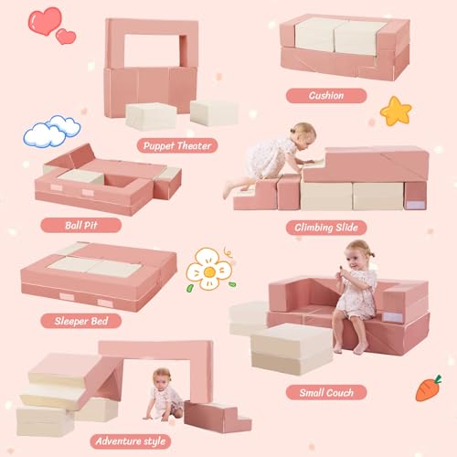 Modular Kids Foam Climbing Blocks and Soft Play Sofa Set, Beige & Pink