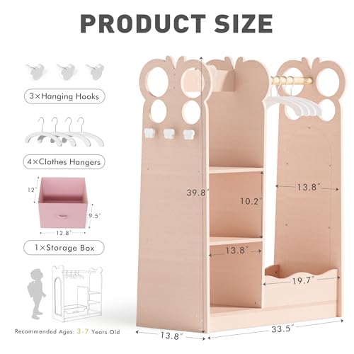 Kids Dress-Up Wardrobe with Mirror & Storage Bins, Toddler Costume Closet