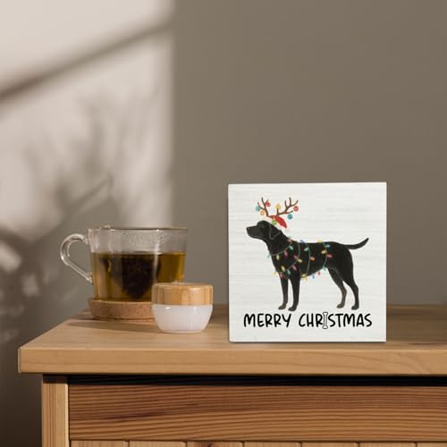 Black Labrador Retriever Merry Christmas Wooden Box Sign Desk Decor, Black Lab Gifts, Christmas Lab Dog Wood Block Sign for Home Office Desk Table Shelf Wall Decorations, 5x5 Inch