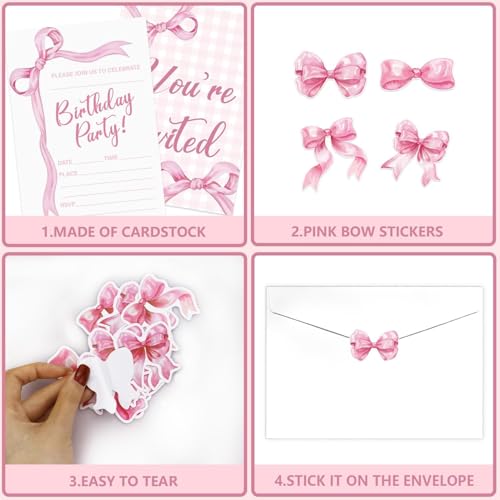 Pink Bow Birthday Invitations - 20 Sets with Envelopes & Stickers