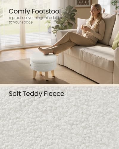 Round Storage Ottoman with Teddy Fleece and Wood Legs, 12.2-Inch