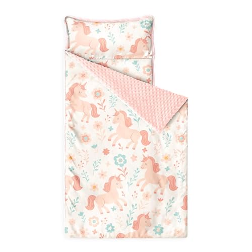 Toddler Nap Mat with Minky Fleece Blanket and Pillow - Unicorn Floral