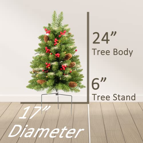 HomeKaren 30-Inch Prelit Christmas Tree (Green) Battery-Operated with Red Berries & Pine Cones