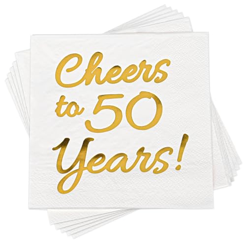 Sllyfo 50th Birthday Party Napkins White & Gold 50 Pack Cheers to 50 Years 5x5"