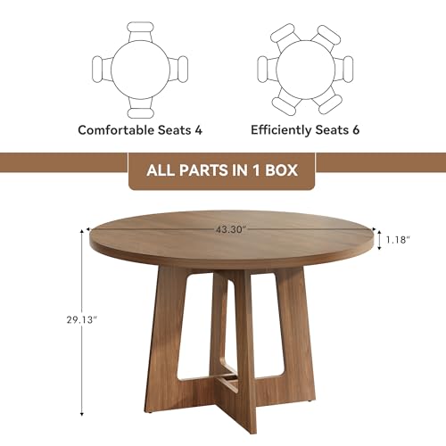 43-Inch Round Dining Table for 4, Walnut Brown Wooden Kitchen Table