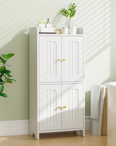 Slim Bathroom Floor Cabinet with Adjustable Shelves, White Storage Organizer