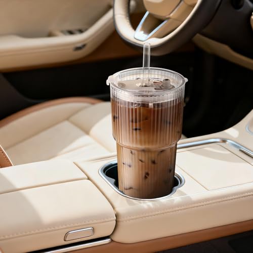 20 oz Ribbed Glass Iced Coffee Cups with Lids and Straws - Set of 4