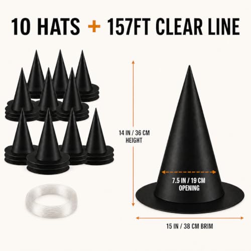 10 PCS Hanging Witch Hats for Halloween Decorations with Fishing Line