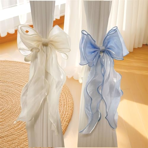 2 Pack French Silky Bow Curtain Tiebacks - Elegant Lace Ribbon for Drapes