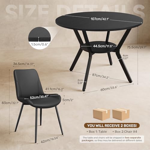 5-Piece Round Dining Table Set for 4 with Storage Shelf and Upholstered Chairs