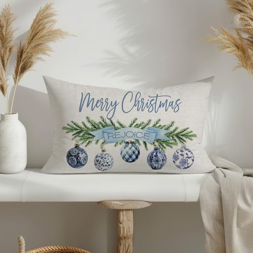 NUTEEN Christmas Pillow Cover 12x20 Blue Baubles & Snowflake Joy - 3 Blue Trees