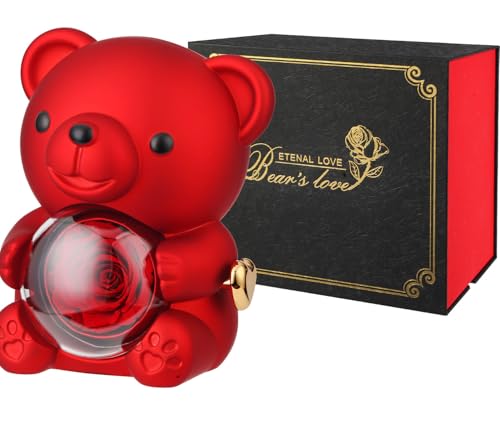 Red Teddy Bear with Real Preserved Rose & Hidden Jewelry Box - Forever Gift for Her