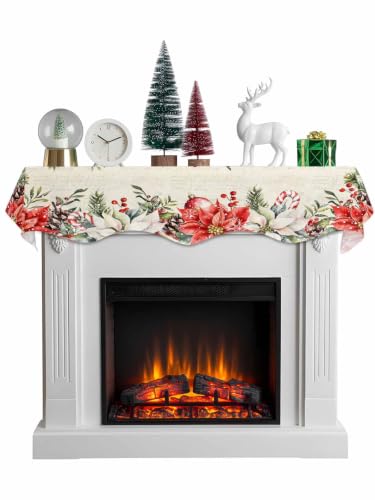 Dayforbarley Christmas Red Poinsettia Mantel Scarf 90x17 Inches with Beige, Green & Red Variation