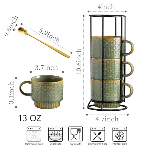 Blue & Green 13oz Coffee Mug Set with Rack & Spoons - Stackable Ceramic Cups