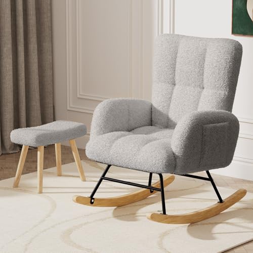 Teddy Upholstered Rocking Chair with Ottoman and Side Pockets