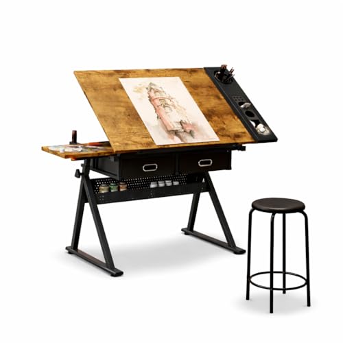 Adjustable Drafting Table with Stool, Tilting Art Desk with 2 Storage Drawers