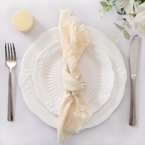 Beige 6-Pack Linen Cotton Dinner Napkins Fringe 17x17 for Wedding Party
