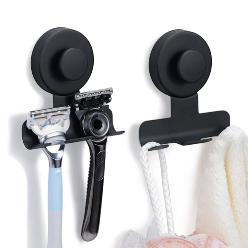 Stainless Steel Suction Cup Razor Holder - Matte Black Shower Hook (2 Pack)