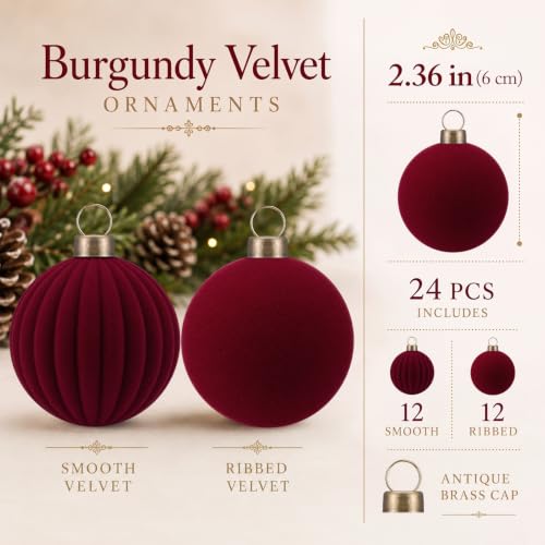 Pinkunn 24 pcs Burgundy Velvet Christmas Ornaments 2.36 Inch - Elegant Holiday Decor Set
