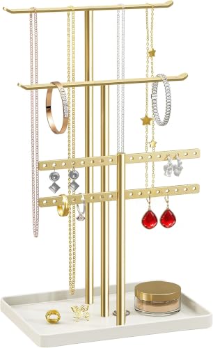 14.5-Inch Gold Jewelry Stand Organizer with Tray for Necklaces