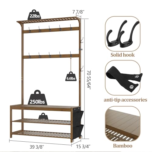 Bamboo Hall Tree with Shoe Storage Bench and 14 Coat Hooks, Large Size