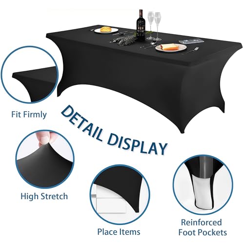 6FT Fitted Stretch Spandex Tablecloth - 2 Pack Black Rectangular Table Cover